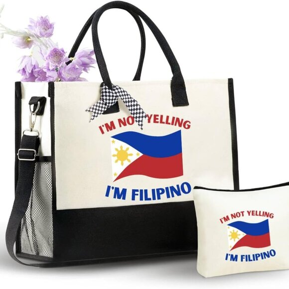 Canvas Tote Bag Philippines Flag Large Zipper Shoulder Strap Water Bottle Pocket - Picture 1 of 7